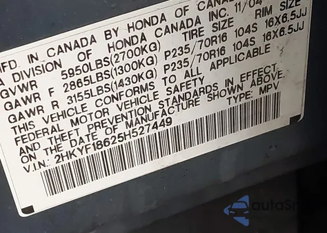 2005 Honda Pilot Ex-L z USA, uszkodzony, nr VIN 2HKYF18625H527449